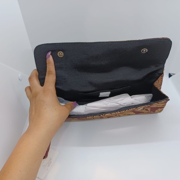 Beaded Silk Evening Clutch Wristlet Bag Burgundy Brown curtain print style NWT - Picture 4 of 5